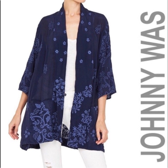 Johnny Was Tops - Johnny Was Embroidered Motley Embroidered Kimono Cardigan Navy Tonal Boho Jacket